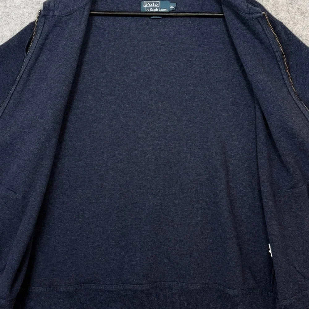 VTG Polo Ralph Lauren Knit Sweater Full Zip Hoodie Navy XL Leather Zip Preppy